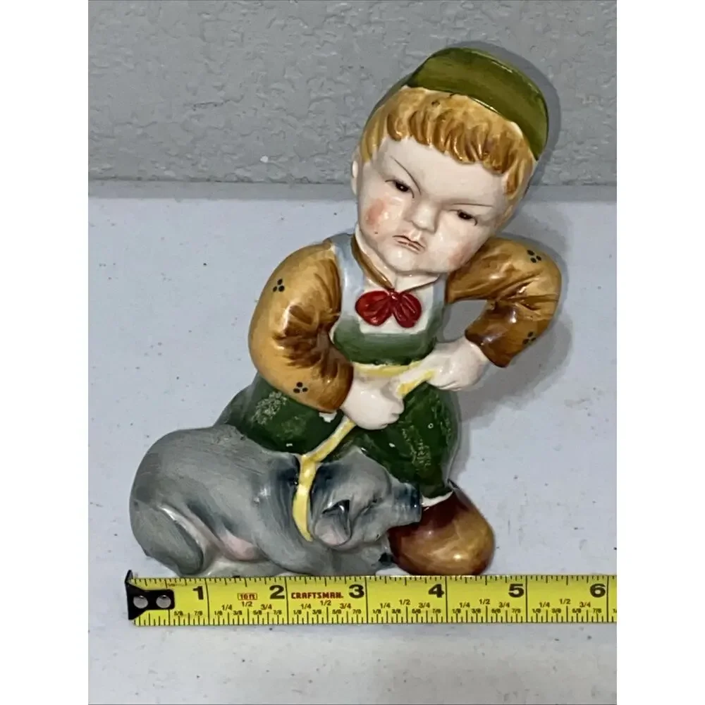 VTG Made In Occupied Japan Porcelain Farmer Boy Pulling Pig Figurine Mid Century